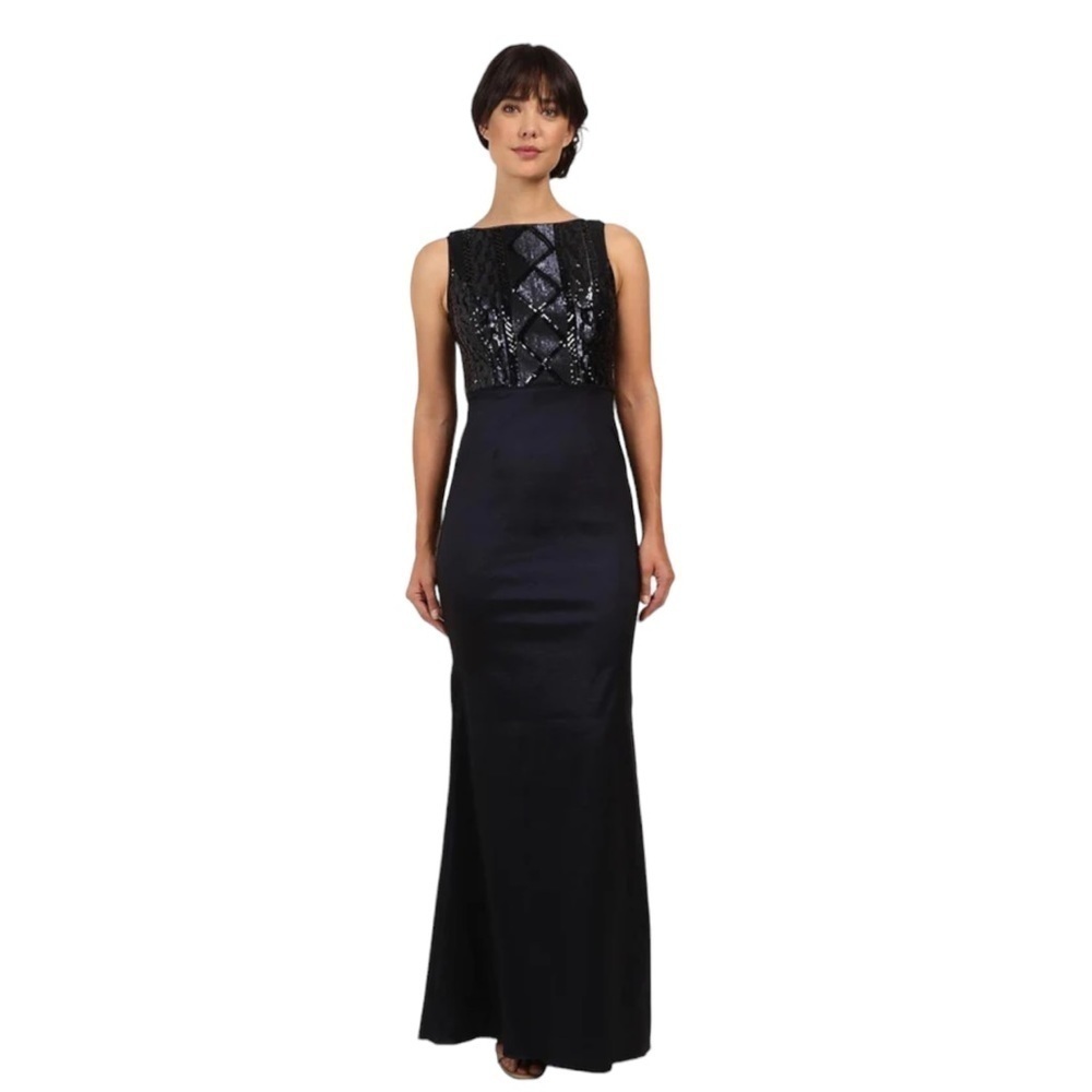 Adrianna Papell Dress Size 10 Sequined Semi Formal Gown Navy Mother Of The Bride